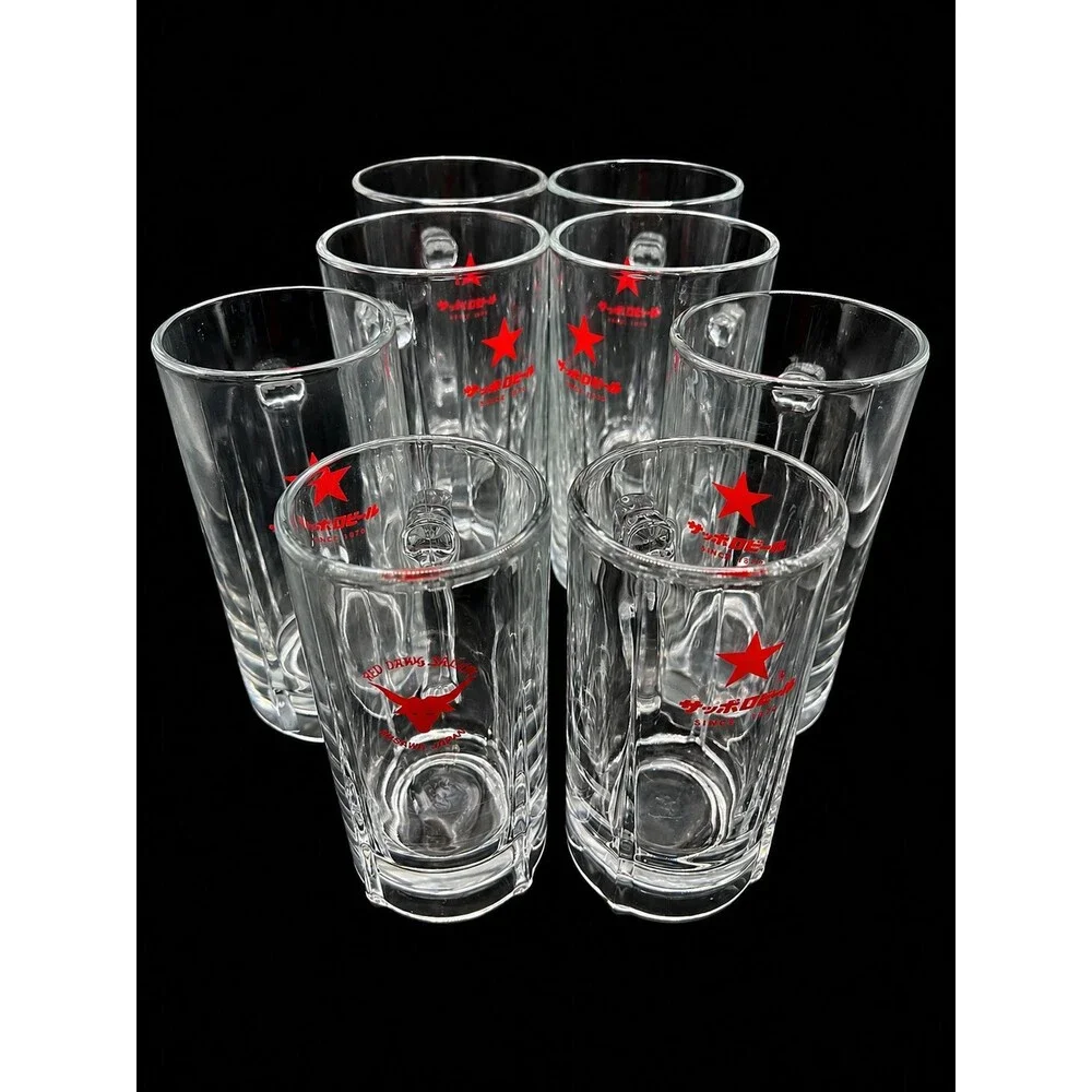Rare Vintage 1980's Sapporo Red Star Beer Mug Collection 8 Mugs 0.4L–1.0L Japan